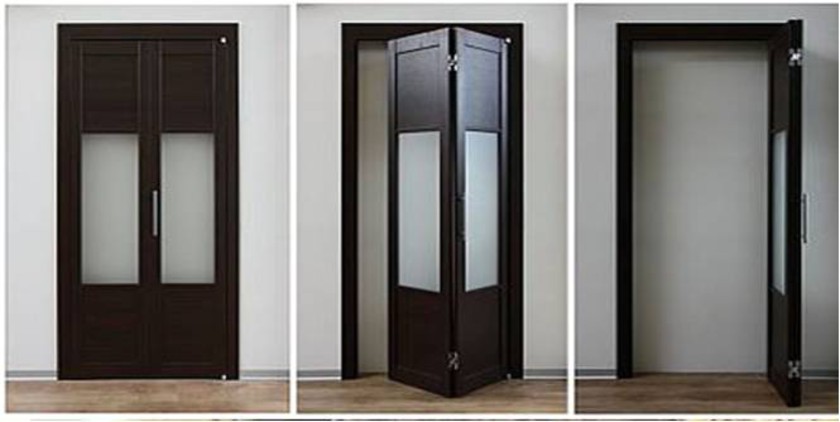 Шпонированные двери гармошка с матовыми стеклянными вставками Калуга